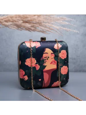 Women Rose And Girl Portrait Printed Clutch