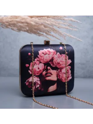 Woman Black Based Floral Girl Portrait Printed Clutch