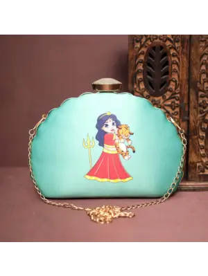 Women Blue Durga Printed D-Shape Clutch