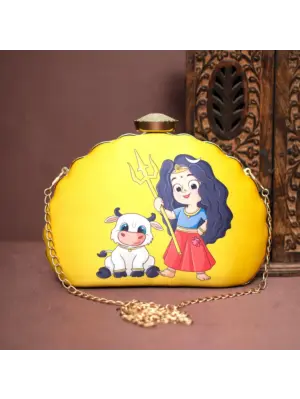Women Yellow Durga Printed D-Shape Clutch