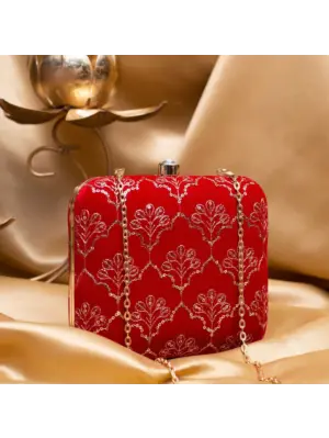 Woman Bright Red Based Golden Sequins Embroidery Clutch