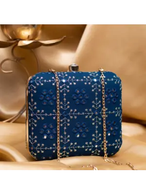 Women Blue Based Silver Threadwork Embroidery Clutch
