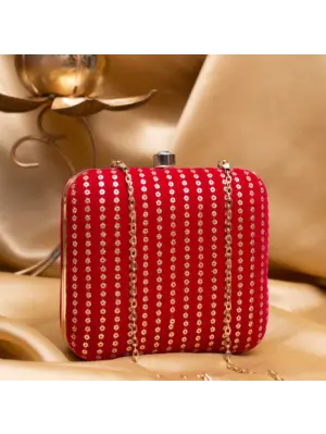 Woman Bright Red Based Golden Sequins Embroidery Clutch