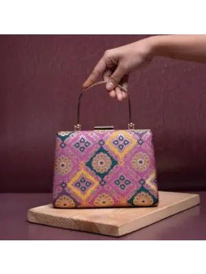 Woman Pink Based Pattern Printed Silk Fabric Clutch