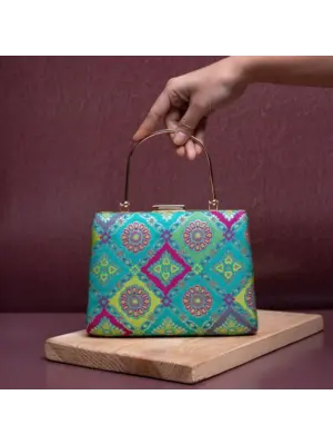 Woman Blue Based Pattern Printed Silk Fabric Clutch