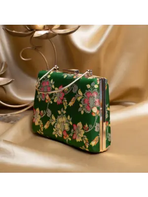 Woman Dark Olive Green Based Floral Pattern Printed Clutch