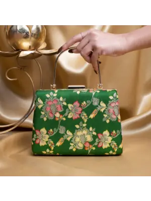 Woman Dark Olive Green Based Floral Pattern Printed Clutch