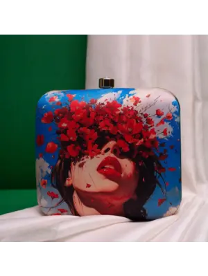 Woman Blue Based Floral Girl With Bold Red Lips Printed Clutch