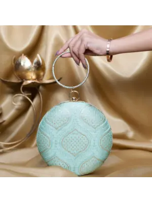 Woman Light Blue Based Golden Sequins Embroidery Clutch