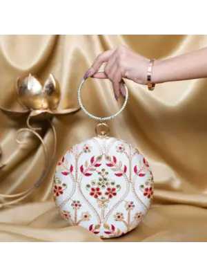 Women Off White Based Golden And Maroon Threadwork Embroidery Clutch