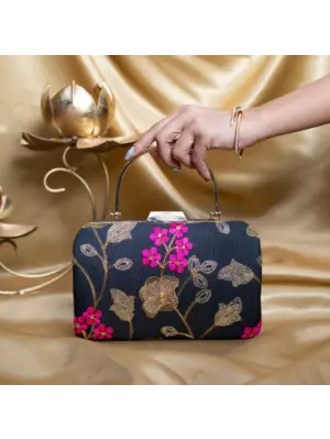 Woman Black Based Pink And Golden Floral Embroidery Clutch