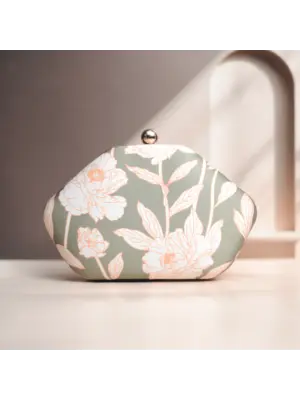Woman Green And White Floral Printed Clutch