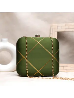 Woman Olive Green And Golden Checks Embroidery Clutch