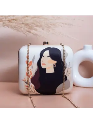 Woman White Based Women Portrait Printed Clutch