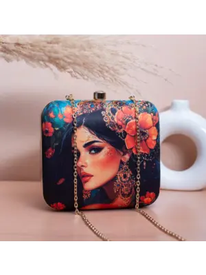 Woman Blue Based Floral Women Portrait Printed Clutch