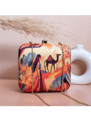 Women Beige Based Women with Camel Printed Clutch
