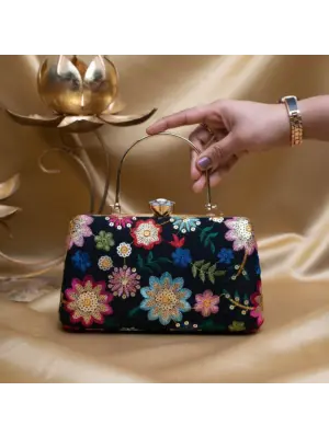 Woman Black Based Multicoloured Floral Embroidery Clutch