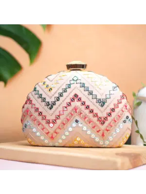 Women Baby Pink Zig Zag Embroidery D-Shape Party Clutch