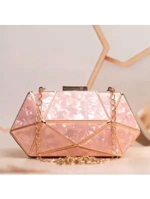 Women Peach Acrylic MOP Cutout Hexagon Metal Clutch