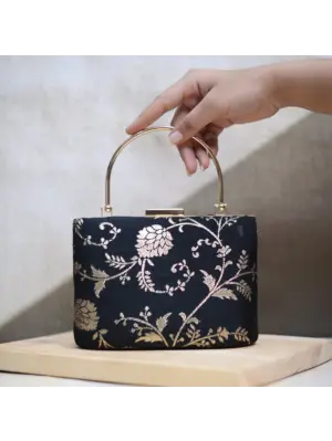 Women Black And Silver Brocade Party Clutch