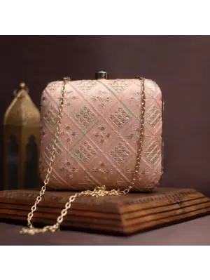 Woman Peach Sequins Embroidery Party Clutch