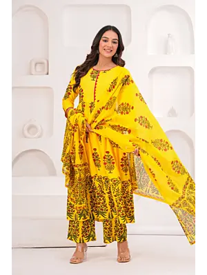 Women Pure Cotton Plus Size Kurta Pant Set with Dupatta,Yellow Floral Print Kurta Sets 