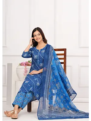 Women's Plus Size Cotton Bandhini Printed  Kurta and pant set With Dupatta