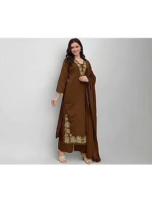 Women's Plus Size Rayon Brown  Embroidered Kurta and pant set With Dupatta