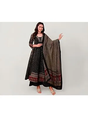 Women's Plus Size Rayon Printed Anarkali Black Kurta and Pant with Dupatta Set