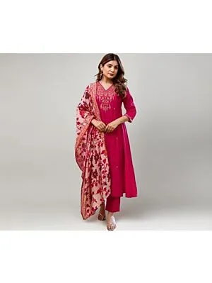 Women's Plus Size Silk Pink Embroidered Kurta with Pants And Dupatta