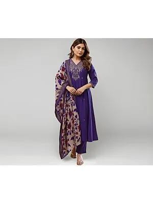Women's Plus Size Silk Purple Embroidered Kurta with Pants And Dupatta