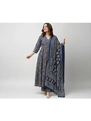 Women Plus Size Blue Printed Anarkali Kurta Palazzo Dupatta Set , Viscose Blend Ethnic Outfit