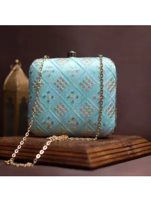 Woman Light Blue Embroidery Party Clutch