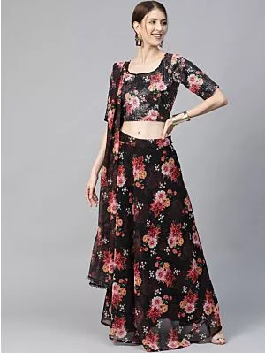 AKS Black & Pink Floral Print Ready To Wear Lehenga & Choli With Dupatta