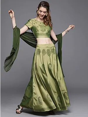 Olive Green Ready To Wear Lehenga & Blouse With Dupatta