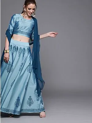 Couture Blue & Black Printed Ready To Wear Lehenga & Blouse With Dupatta