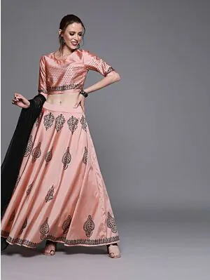 Pink & Black Printed Ready To Wear Lehenga & Blouse With Dupatta