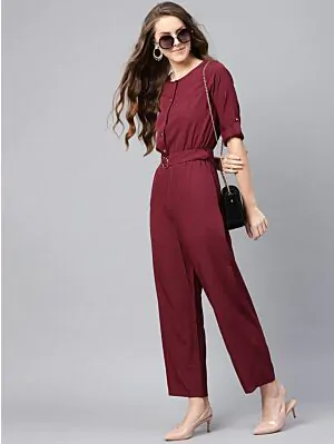 Women Maroon Solid Basic Jumpsuit