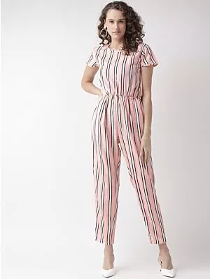 Women Pink & White Striped Basic Jumpsuit