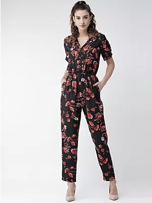 Women Black & Pink Printed Basic Jumpsuit