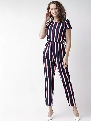 Women Navy Blue & White Striped Basic Jumpsuit