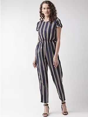 Women Navy Blue & Beige Striped Basic Jumpsuit
