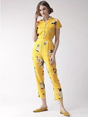 Women Yellow & Off-White Printed Basic Jumpsuit