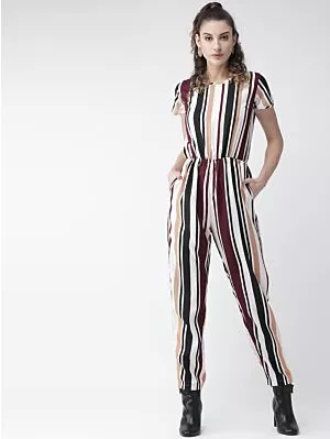 Women Off-White & Burgundy Striped Basic Jumpsuit