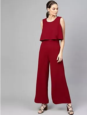 Women Maroon Solid Layered Basic Jumpsuit