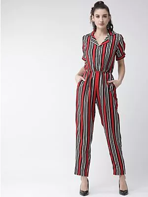 Women Black & Red Striped Basic Jumpsuit