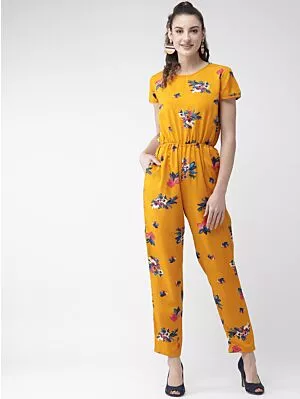 Women Mustard Yellow & Blue Printed Basic Jumpsuit