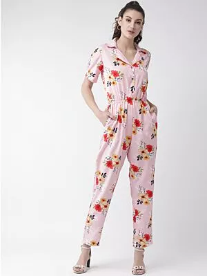 Women Pink & Red Printed Basic Jumpsuit