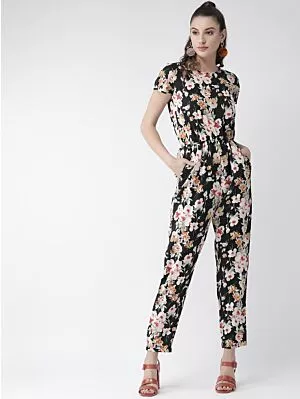 Women Black & Off-White Printed Basic Jumpsuit