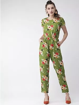 Women Green & Yellow Printed Basic Jumpsuit